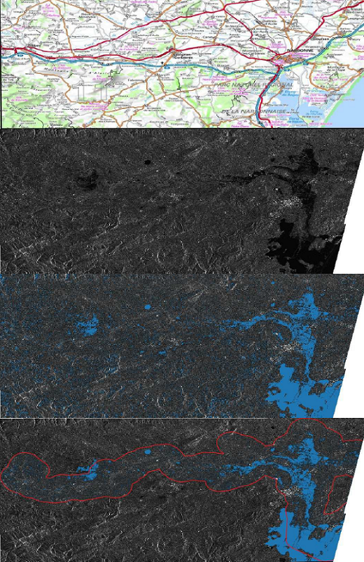 Exemples des traitements réalisés sur l'image radar Sentinel-1 du 16/10/2018. De haut en bas : localisation de la zone d'étude, image Sentinel-1 brute, extraction des zones en eau en bleu, nettoyage des zones en eau dont les polygones n'intersectent pas la zone d'intérêt en rouge.