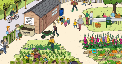 dessin d'une vidéo sur l'agriculture urbaine avec un quartier et un jardin collectif