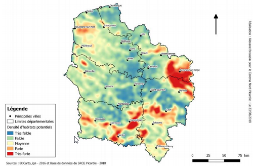 Carte de la densité d’habitats potentiellement favorables aux chiroptères en Hauts de France 
