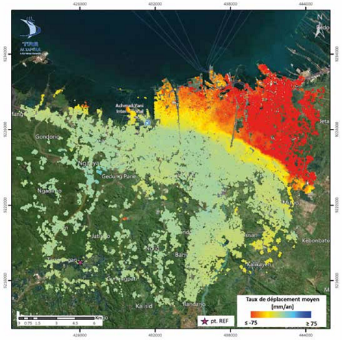 Visualisation satellite montrant avec des couleurs les zones les plus touchées par la subsidence