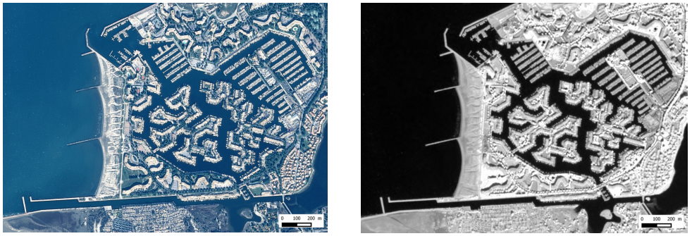 NDVI (à droite) calculé à partir de l’extrait d’une image Pléiades (à gauche)