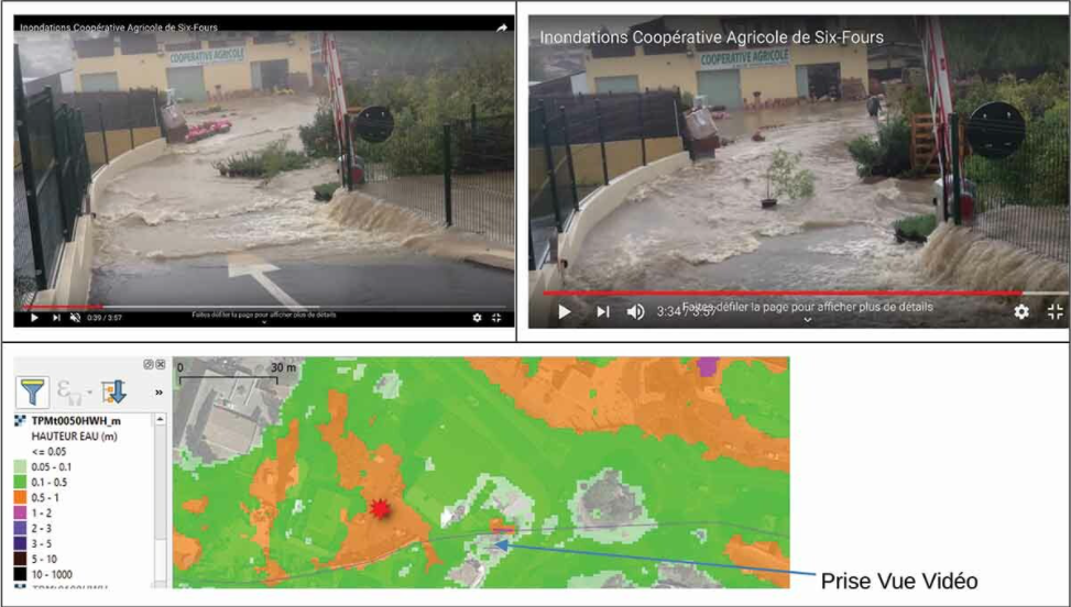 Résultats de simulation d'une inondation due à une crue de période