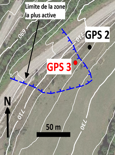 Schéma de l'implantation de l'instrumentation (sur Google maps) et limite de la zone en mouvement (en pointillés bleu)