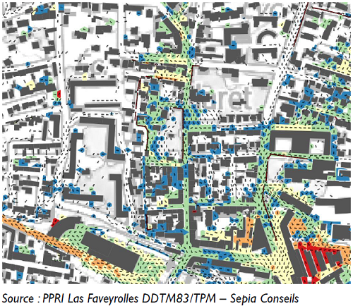 Résultats de la modélisation 2D PPRi sur Toulon (prise en compte du mobilier urbain : bâtiments, murets, …)
