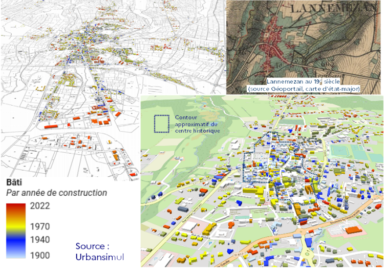cartographie via urbansimul qui montre les batiments de la ville colorés selon leur date de construction