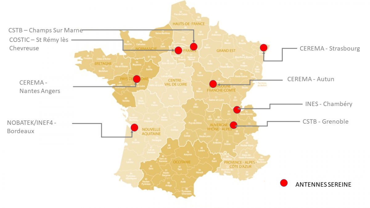 carte des antennes du projet SEREINE (8 réparties en France métropolitaine)