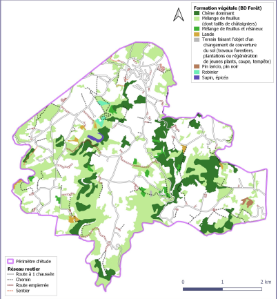 Fond cartographique centré sur les massifs forestiers de la commune (Cerema)