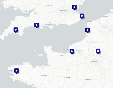 Carte des 8 sites pilotes dont 4 en Angleterre