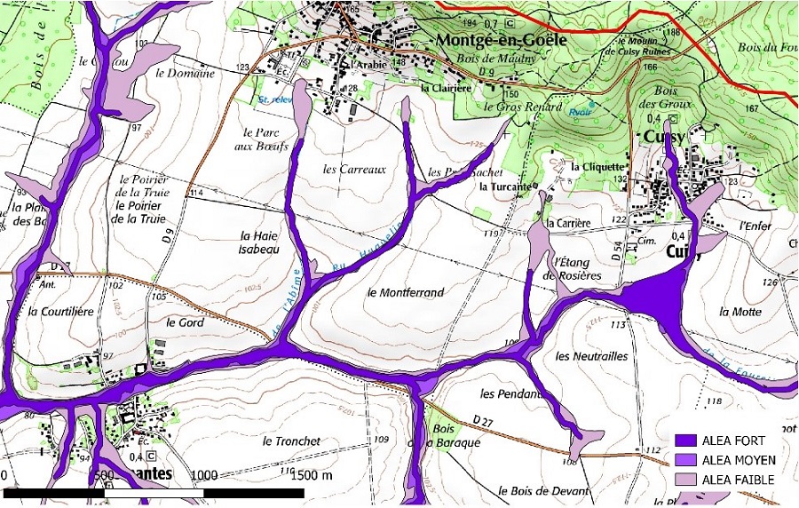 Extrait de la carte au niveau de la commune de Montgé-en-Goële (77) avec des zones inondables
