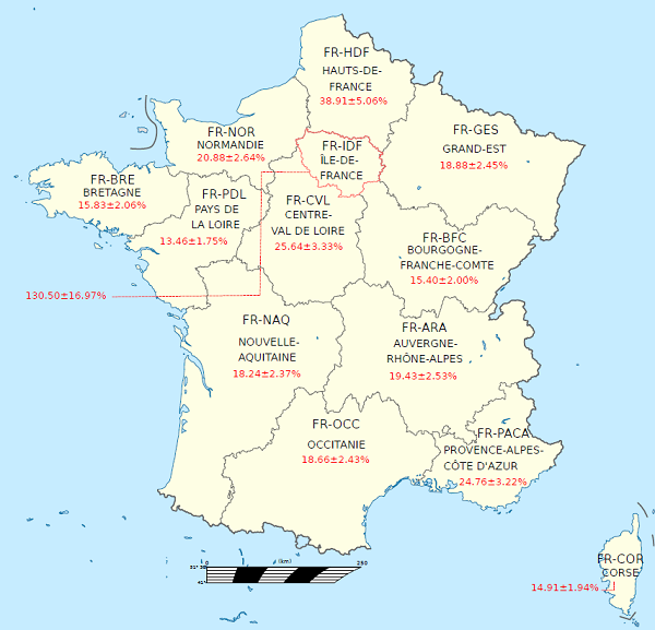 Taux de réduction de l’épuisement des granulats naturels extraits annuellement de chaque région en France
