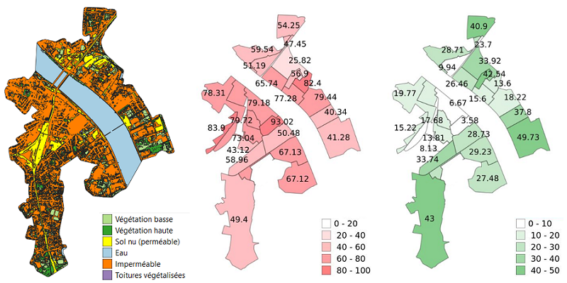 Résultats de classification du sol sur l’emprise de l’EPA Euratlantique (Bordeaux, 2022) ; taux d’imperméabilisation par quartier ; taux de végétalisation par quartier.