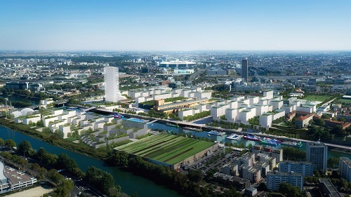 Infographie du futur village olympique, vue aérienne