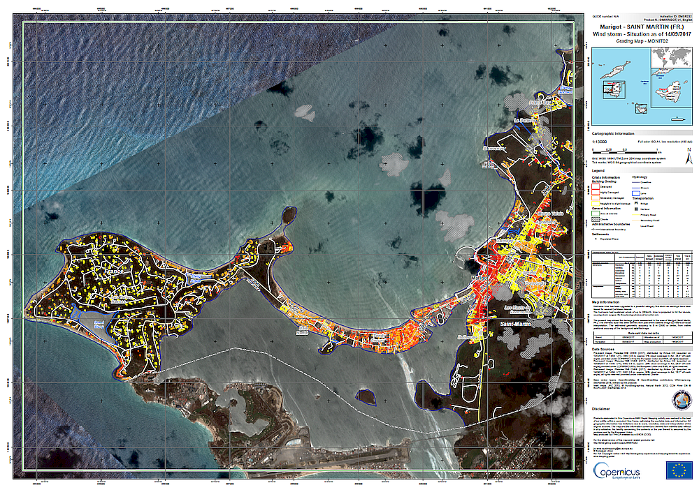 Exemple de carte de crise réalisée à partir des images Pléiades (Marigot - Saint-Martin)