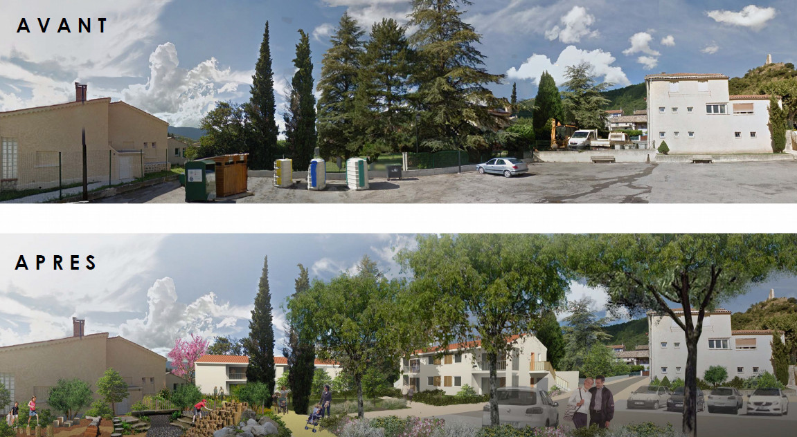 Requalification des espaces publics à Volonne: exemple de photomontage avant/après 