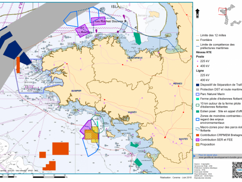 Cartes des zones potentielles pour l'éolien flottant en Bretagne
