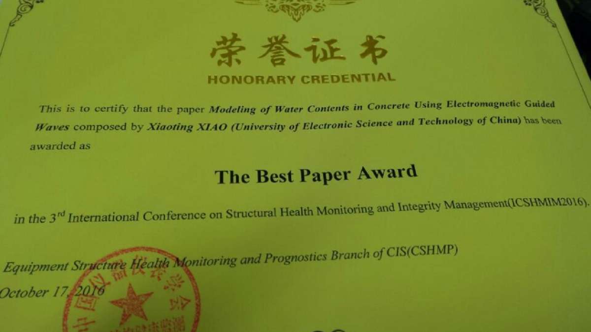 1er premier prix de l’International Conference on Structural Health Monitoring and Integrity Management