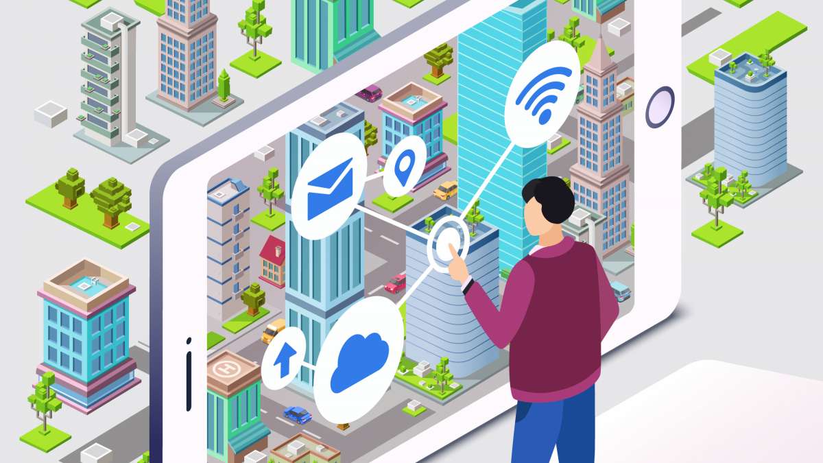 Infographie de smart city avec un utilisateur connecté via smartphone