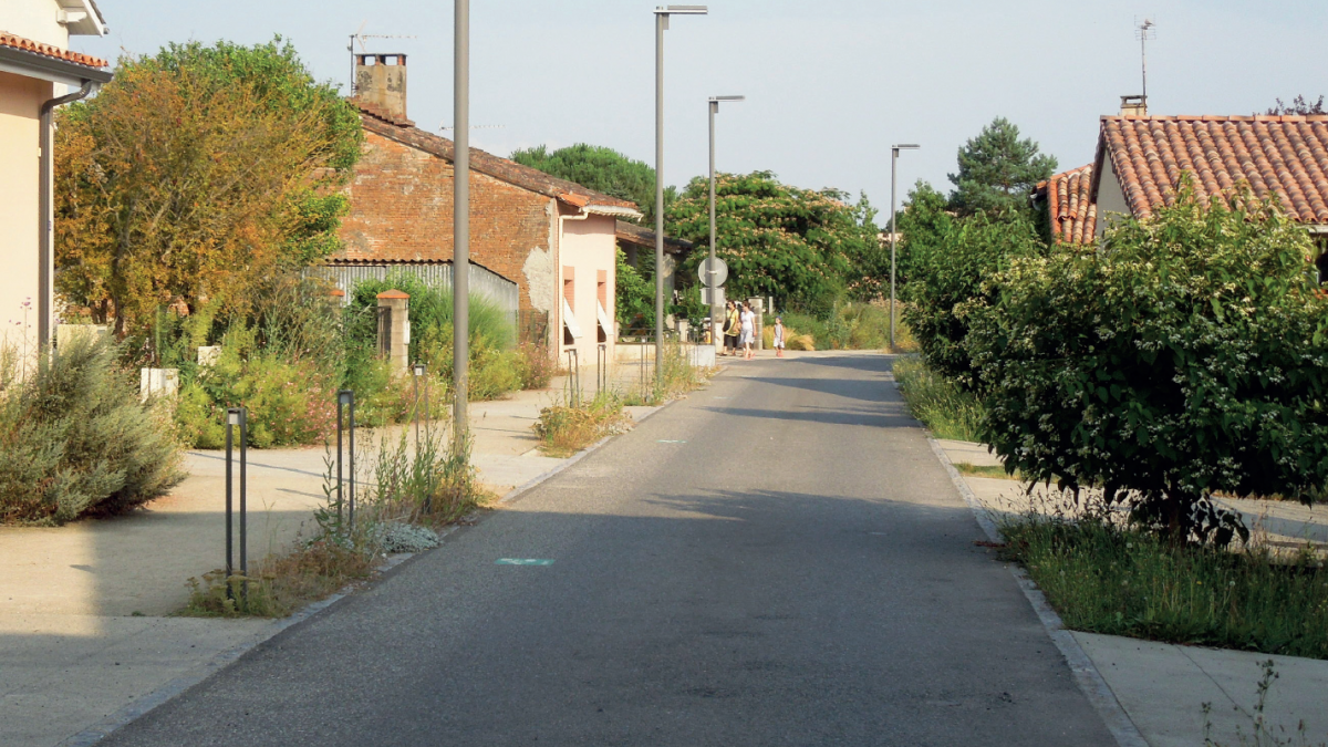 Aménagement réalisé à Grisolles: rue bordée de trottoirs et de végétation