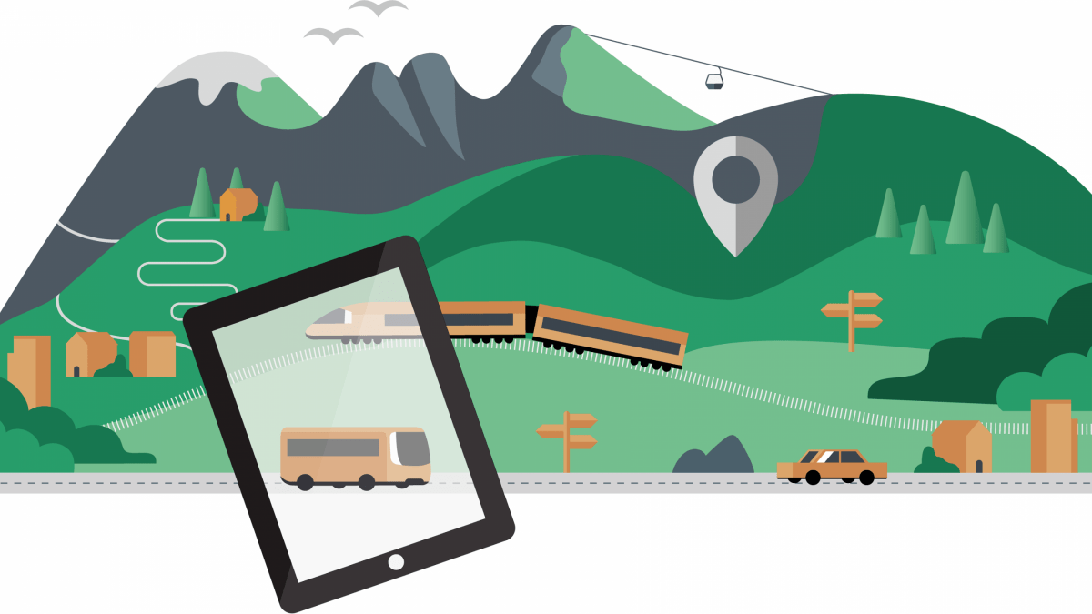infographie avec un train, une route, des montagnes