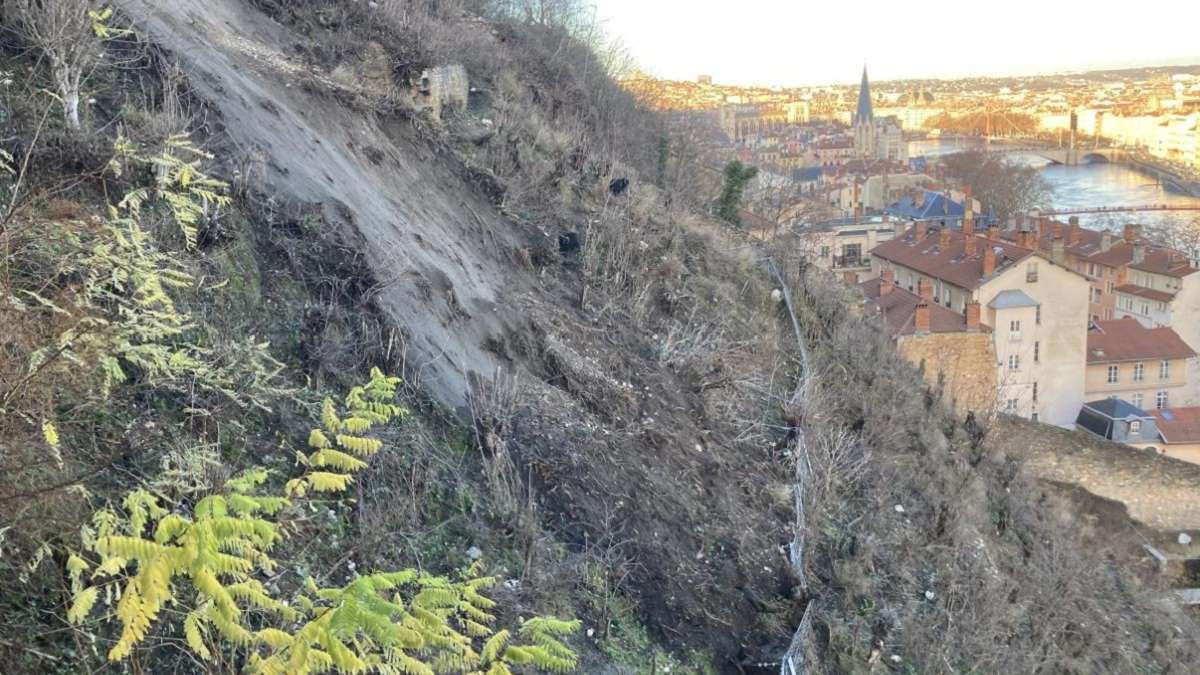 Glissement de terrain à Lyon (69) dans la Balme surplombant la rue de la Quarantaine. Vue depuis la montagne au dessus des filets pare blocs